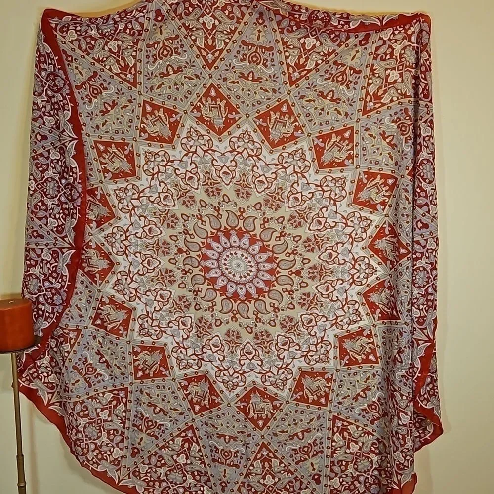 Mandala Elephant Round Oversized Scarf Wrap Red Gray White Boho Tapestry 60